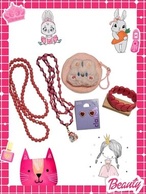 Girl's Pink Bead Hearts And Cat Charm Jewelry Bundle
